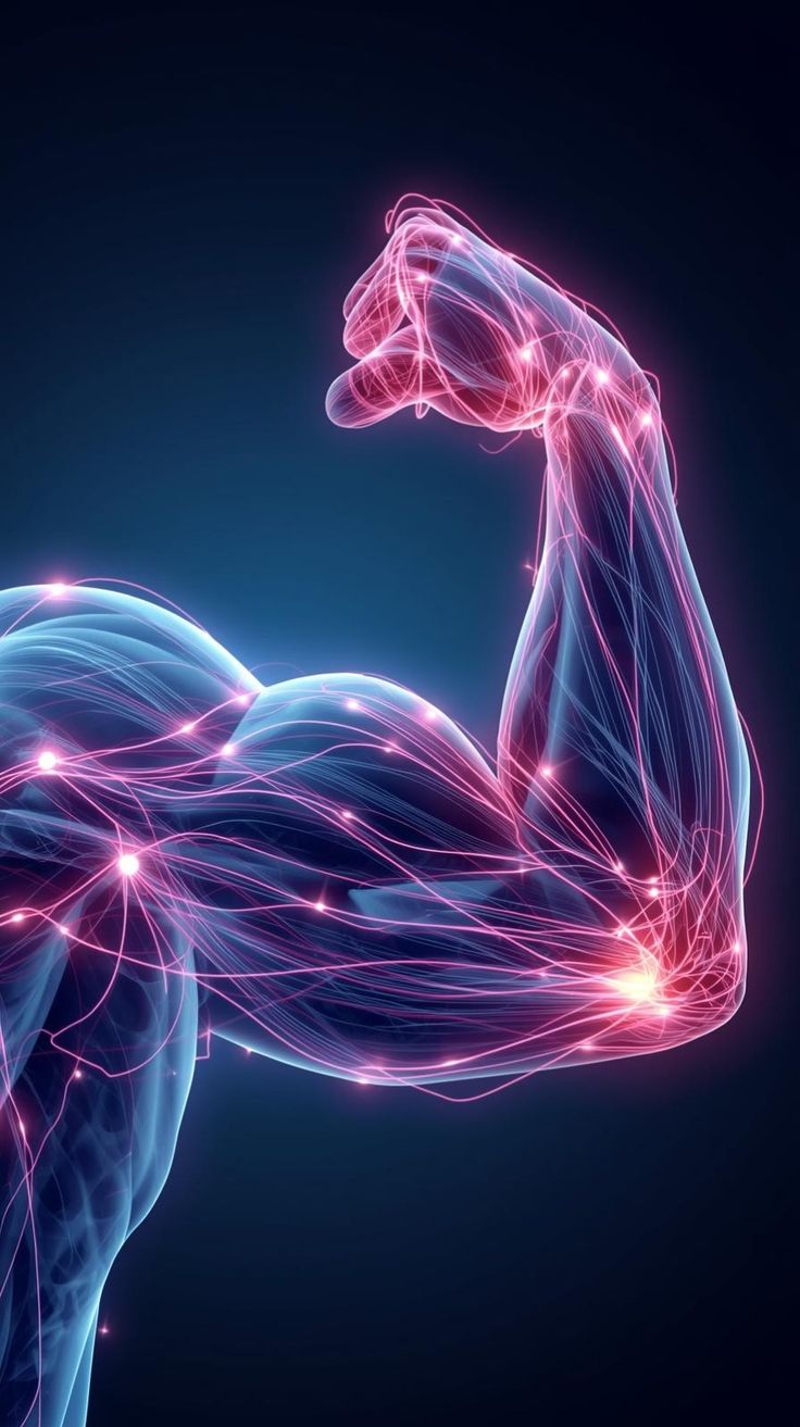 Ohýbaný sval s vizuálním tokem energie, který symbolizuje růst svalů a regeneraci – pro blogový článek o BCAA 2:1:1.