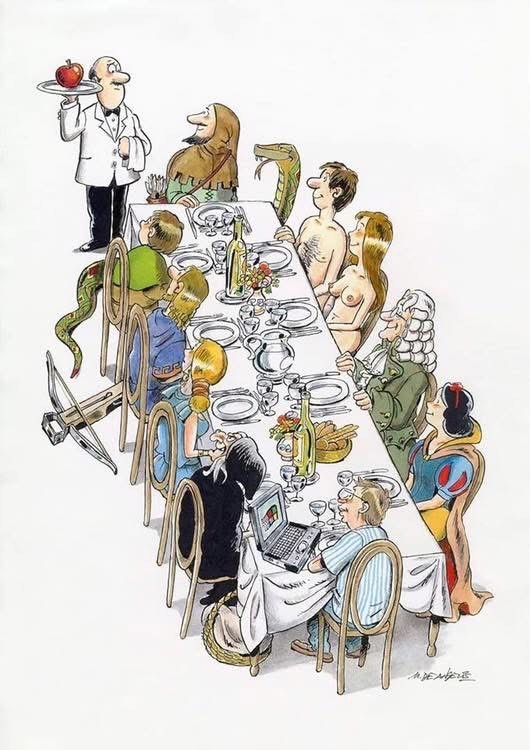 Karikatúra o rôznych uhloch pohľadu – každý vidí to isté jablko inak, ilustruje Lagom a vedomý život.